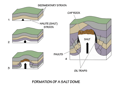 Figure 6.7: The formation and partial collapse of a salt dome can trap fossil fuels and affect the landscape.