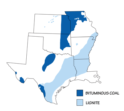 Figure 7.4: Areas of significant coal resources in the South Central states of the US.