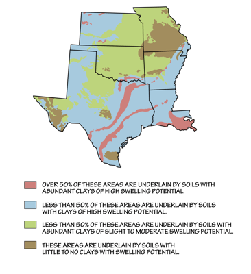 Figure 10.14: Approximate distribution of expansive soils in the South Central US.