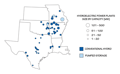 Figure 7.10: Hydroelectric power plants in the South Central US.