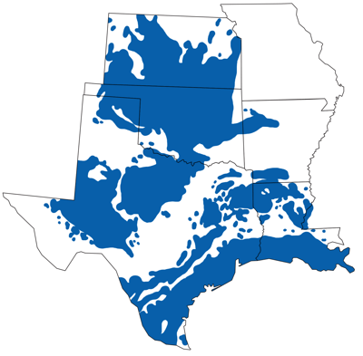 Figure 7.3: Areas of oil and gas production in the South Central states of the US.