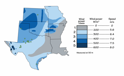 Figure 7.19: Wind speeds in the South Central US. Locations of the largest wind farms.