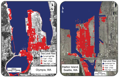 Figure 9.21: Maps showing portions of the cities of Olympia and Seattle, Washingrton that will be inundated if sea level rises by one, two, or four feet.