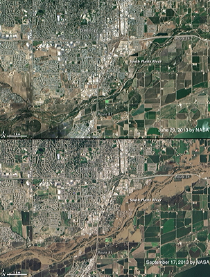 Figure 9.29: Before (top) and after (bottom) images of the South Platte River flood near Greely, Colorado, in September 2013.