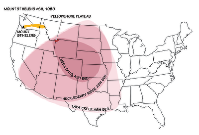 Figure 10.8: The extent of the three most recent ashfalls from Yellowstone supervolcano eruptions, as compared to the eruption of Mount St. Helens in 1980.
