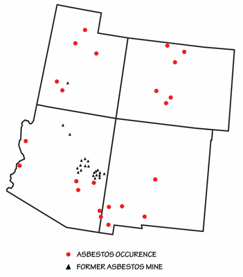 Figure 9.23: Presence of significant asbestos sources and former mines in the Southwestern states.
