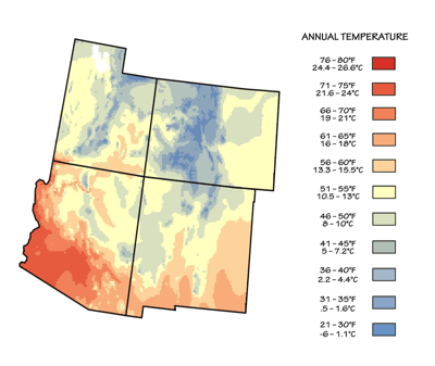 Figure 8.9: Mean annual temperature for the Southwestern states.