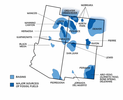 Figure 6.6: Sedimentary basins across the Southwestern US contain significant fossil fuel accumulations.