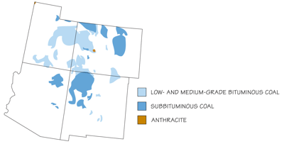 Figure 6.3: Coal-producing areas of the Southwestern US. The Colorado Plateau is a particularly significant coal-producing region.