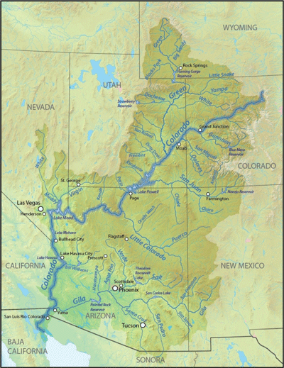 Figure 9.26: The Colorado River and its tributaries in the Southwestern states.