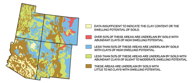 Figure 9.9: Approximate distribution of expansive soils in the Southwestern US. This map is based on the distribution of types of bedrock, which are the origin of soils produced in place. (Where substantial fractions of the soil have been transported by wind, water, or ice, the map will not be as accurate.)