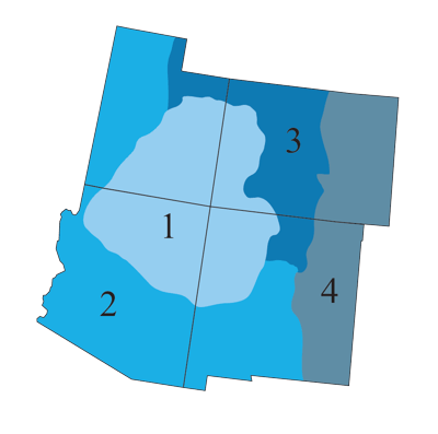 Figure 1.3. Physiographic regions of the Southwest: 1) Colorado Plateau, 2) Basin and Range, 3) Rocky Mountains, and 4) Great Plains.