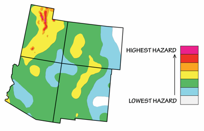 Figure 9.16: Seismic hazard map of the Southwestern US, based on 2014 data.