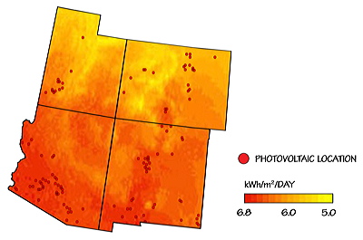 Figure 6.12: Locations of existing photovoltaic power plants overlaid on a map of the annual average solar resource for the Southwestern US.
