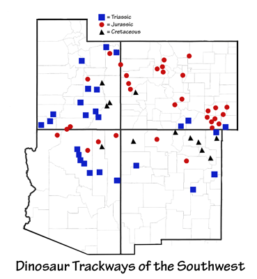 Figure 3.27: Major localities in which Mesozoic footprint assemblages (mostly dinosaurs) have been found.