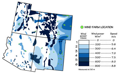 Figure 6.23: Wind energy potential in the Southwestern US, with locations of active wind farms.