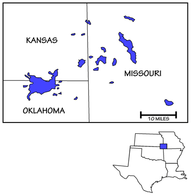 Figure 5.13: Locations of deposits of lead and zinc in the Tri-State mining district.