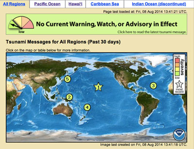 Figure 10.26: Tsunami alert map from the PTWC, generated on August 8 2014. Earthquakes with the potential to generate a tsunami are displayed and ranked by predicted tsunami severity. On this date the five events mapped each carried a low tsunami risk, including an M4.5 earthquake in Hawai’i.