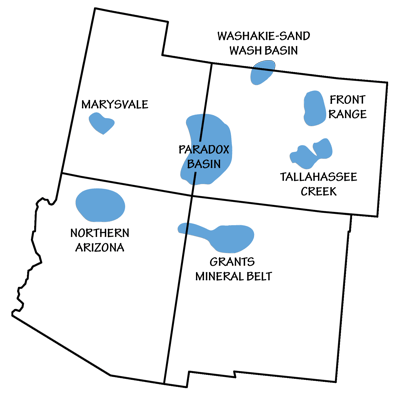 Figure 5.2: Distribution of uranium deposits in the Southwestern US.