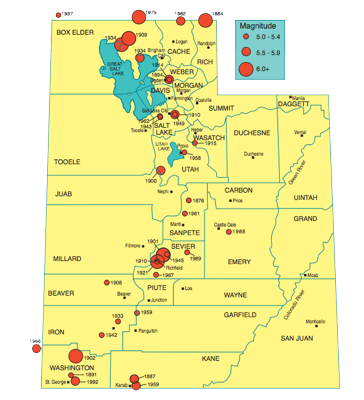 Figure 9.14: Since 1850, there have been 35 earthquakes in Utah with a magnitude of 5 or higher. All have occurred in or near the Intermountain Seismic Belt.