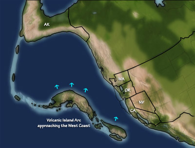 Figure 1.8: The Western United States at 135 million years ago. The terrane contains an island arc in the process of docking with the Western States. This arc will eventually become part of Alaska and British Columbia.