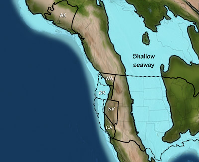 Figure 1.10: North America 90 million years ago. During this time, a shallow seaway covered much of central North America.