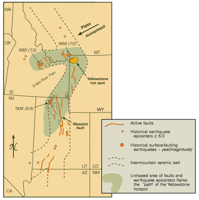 Figure 9.15: The Wasatch Fault is one of many active faults in the Intermountain Seismic Belt, which runs from Montana through Utah. The largest earthquakes in the Southwest, both historical and prehistoric, have occurred in this seismic belt.