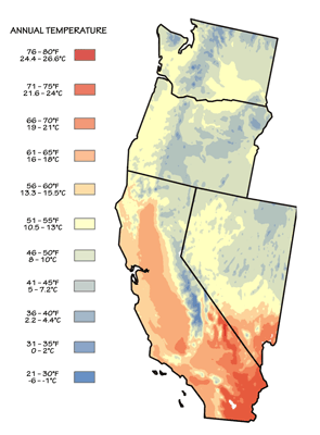 Figure 9.8: Mean annual temperature for the contiguous Western states.