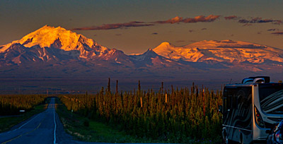 Figure 2.31: The Wrangell Mountains, showing (left to right) Mt. Drum, Mt. Blackburn, and Mt. Wrangell.